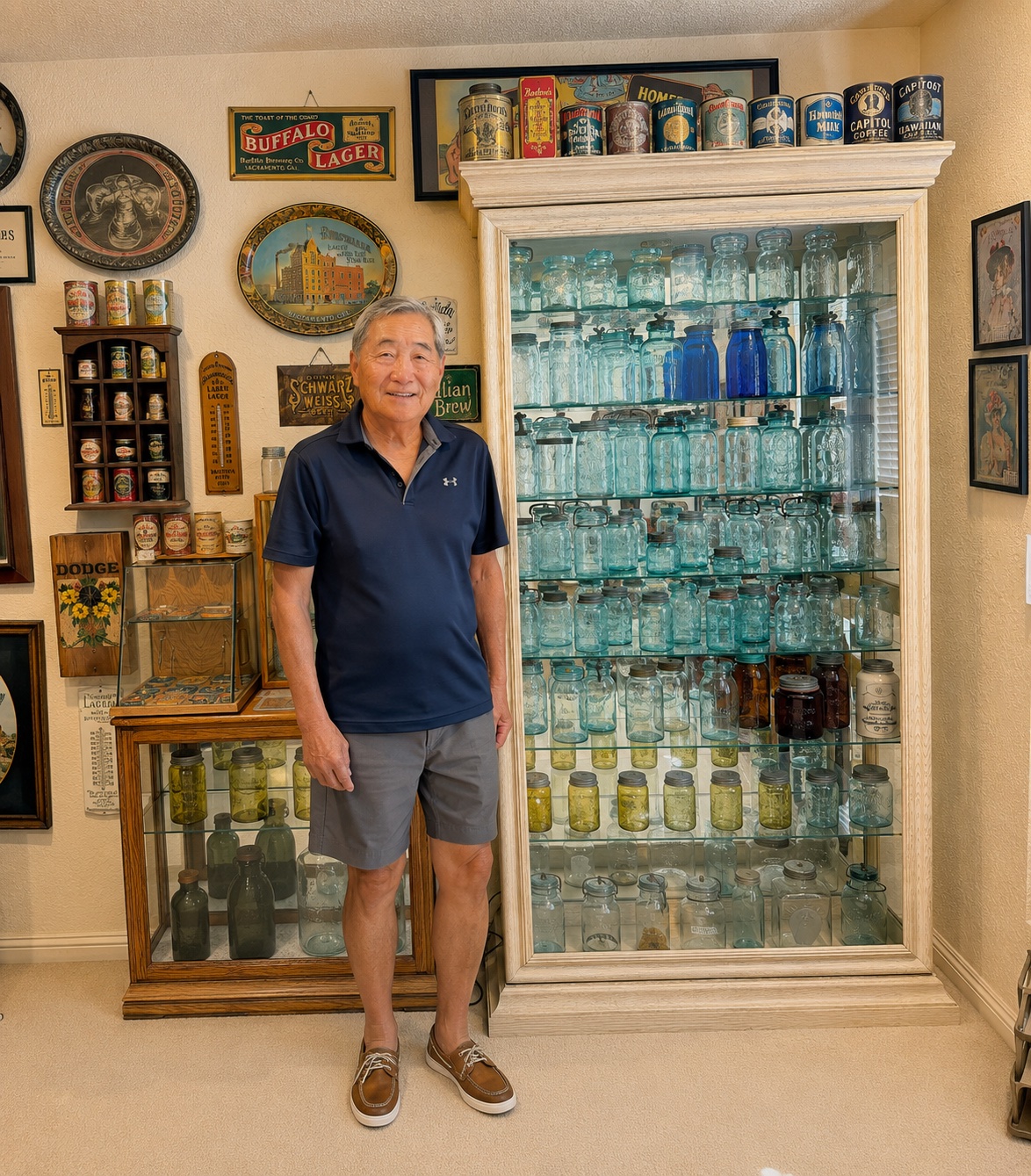 Jerry Ikeda with part of his antique fruit jar collection